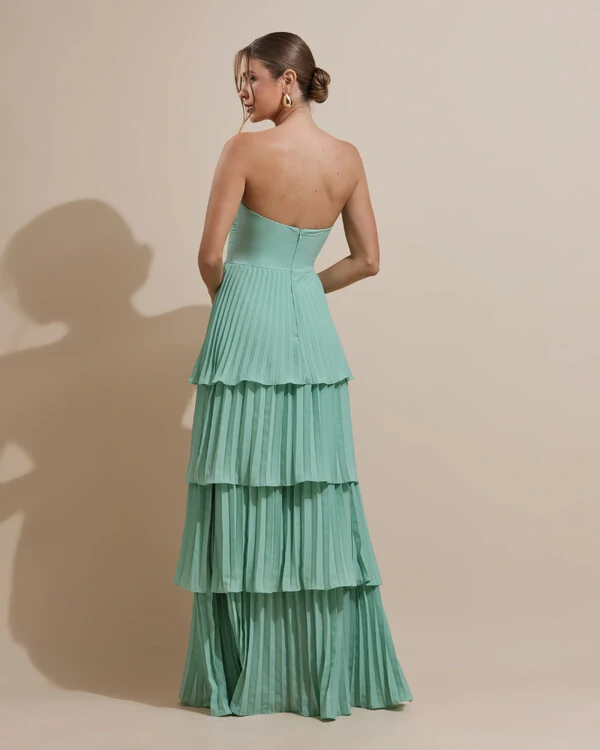 Vestido de Festa Longo Tomara que Caia Crepe Chiffon Plissado Camadas Verde Menta