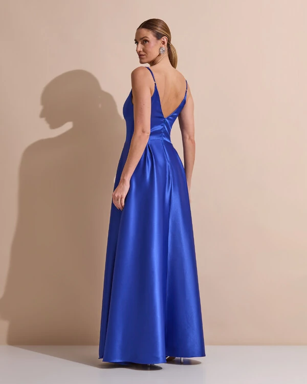 Vestido de Festa Longo Alça Fina Decote V Cetim Saia Evasê Azul Royal