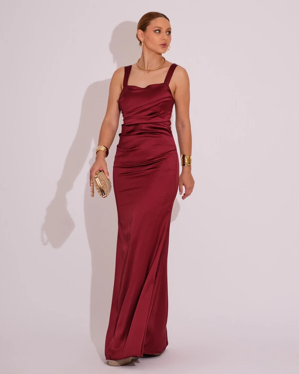 Vestido Longo de Festa Cetim Alfaiataria Drapeado Sereia Marsala