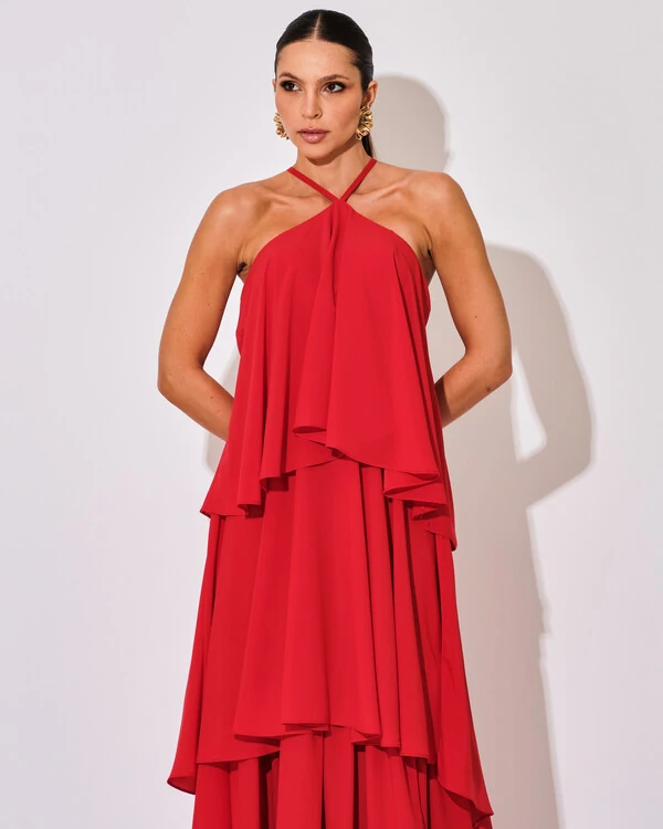 Vestido Longo Babado em Camadas Vermelho