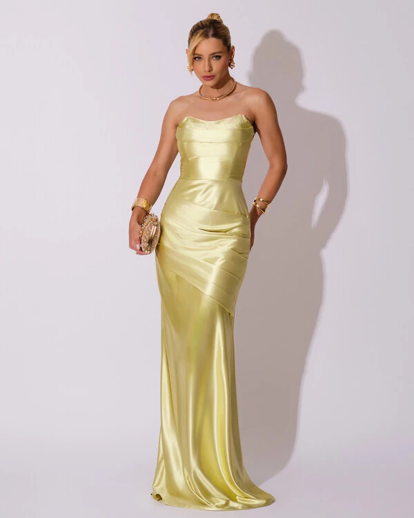 Vestido de Festa longo Cetim Malha Metálico Tomara que Caia Detalhe Drapeado Verde Lima