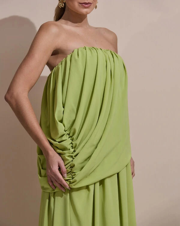 Vestido de Festa Longo Tomara Que Caia Crepe Chiffon Drapeado Verde Garden