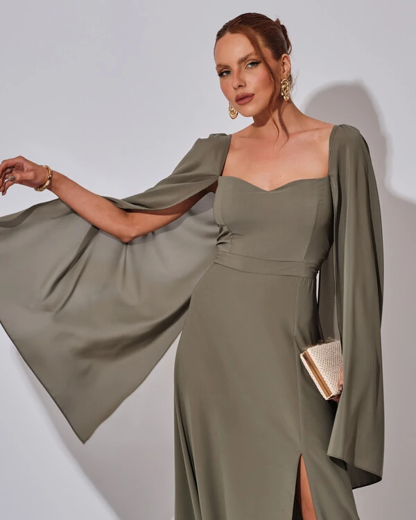 Vestido de Festa Longo com Capa Verde Oliva
