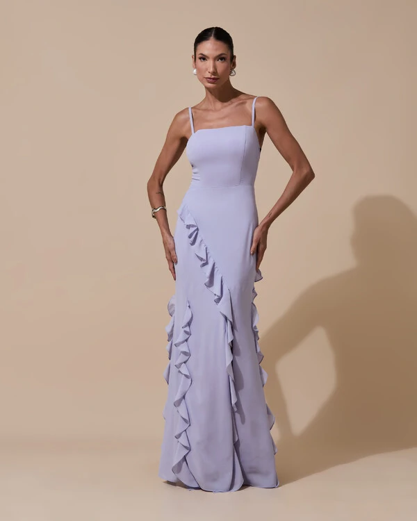 Vestido de Festa Longo Alças Finas Crepe Chiffon Babado Cascata Fenda Costas V Lilás Claro