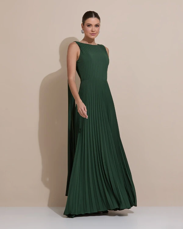 Vestido de Festa Longo Crepe Chiffon Plissado com Lenço nas Alças Verde Escuro New