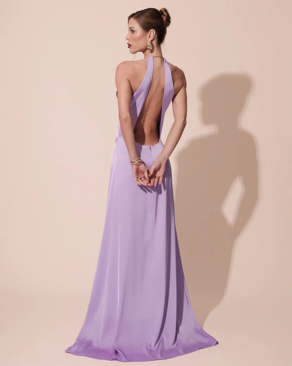 Vestido de Festa Longo Cetim Fluido com Argola Frente Única Lilás