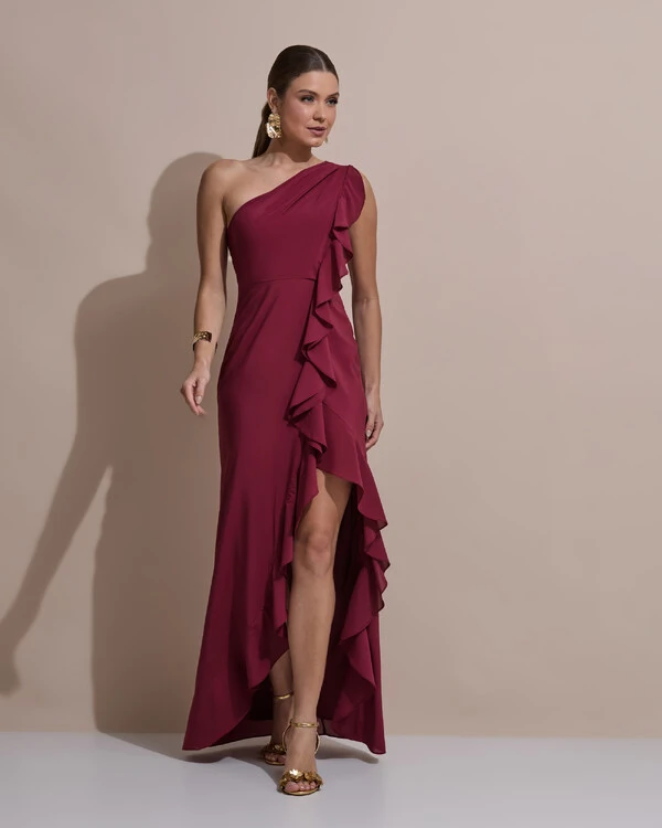 Vestido de Festa Midi Um Ombro Só Crepe Chiffon Babados Cascata Fenda Marsala new