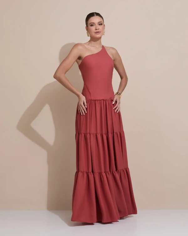 Vestido de Festa Longo Um ombro Só Crepe Chiffon Saia Fluida Terracota