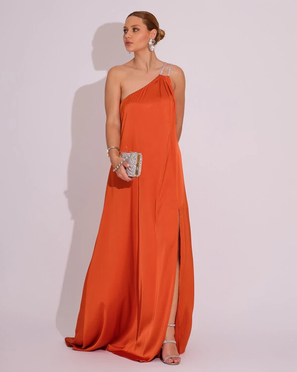 Vestido de Festa Longo Cetim Um Ombro Só Laranja
