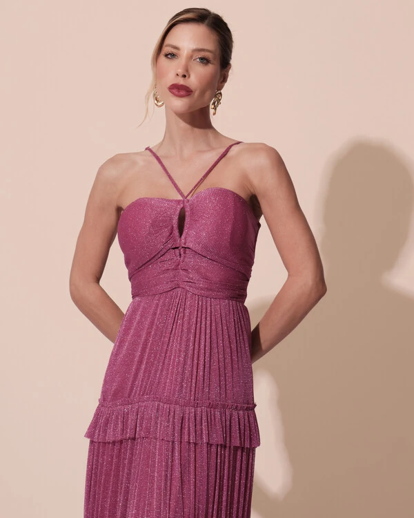 Vestido de Festa Longo Tule com Saia Babado Fúcsia