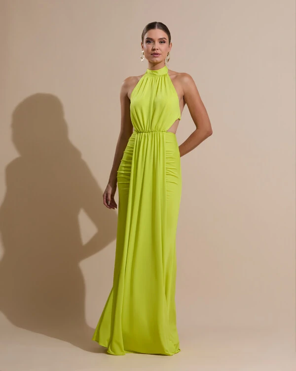 Vestido de Festa Longo Malha Jersey Gola Alta Saia Sereia Verde Lima