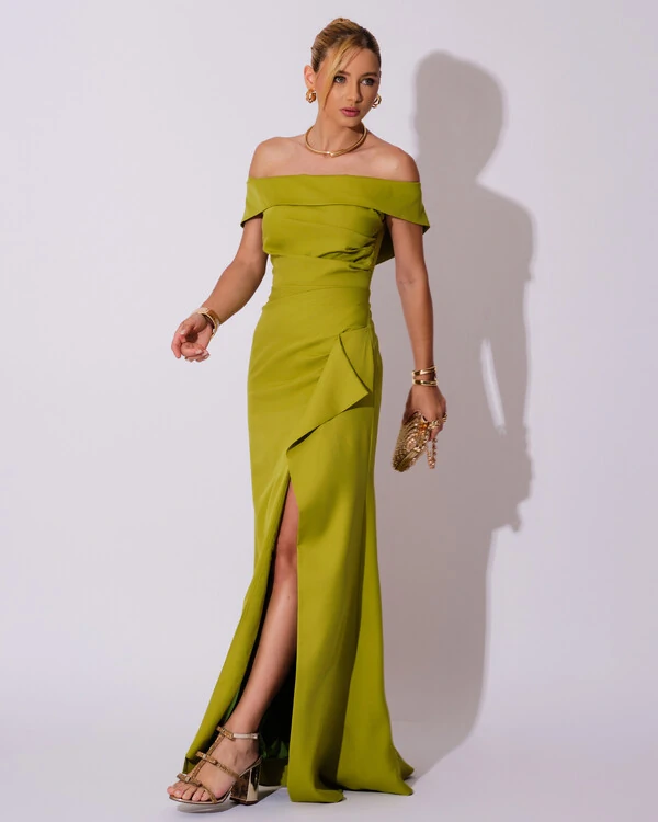 Vestido de Festa Longo Ombro a Ombro com Fenda em Alfaiataria Verde Pistache