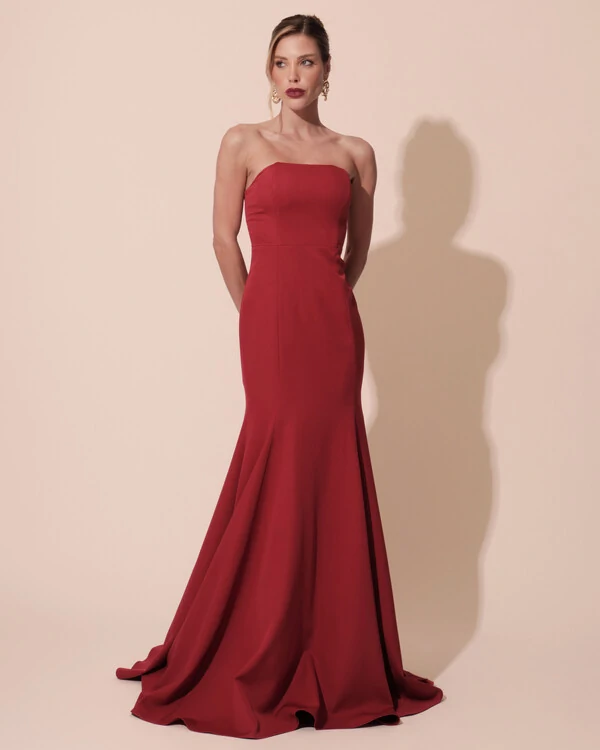 Vestido de Festa Longo Alfaiataria Tomara que Caia Saia Sereia Cereja