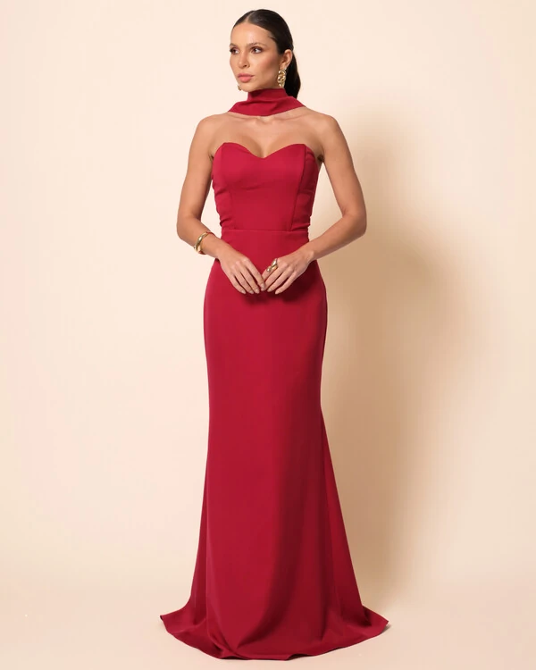 Vestido de Festa Longo Alfaiataria Tomara que Caia Saia Sereia com Lenço Cereja