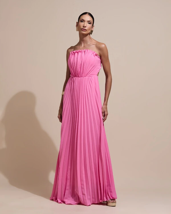 Vestido de Festa Longo Tomara que Caia Plissado Detalhe Rosa