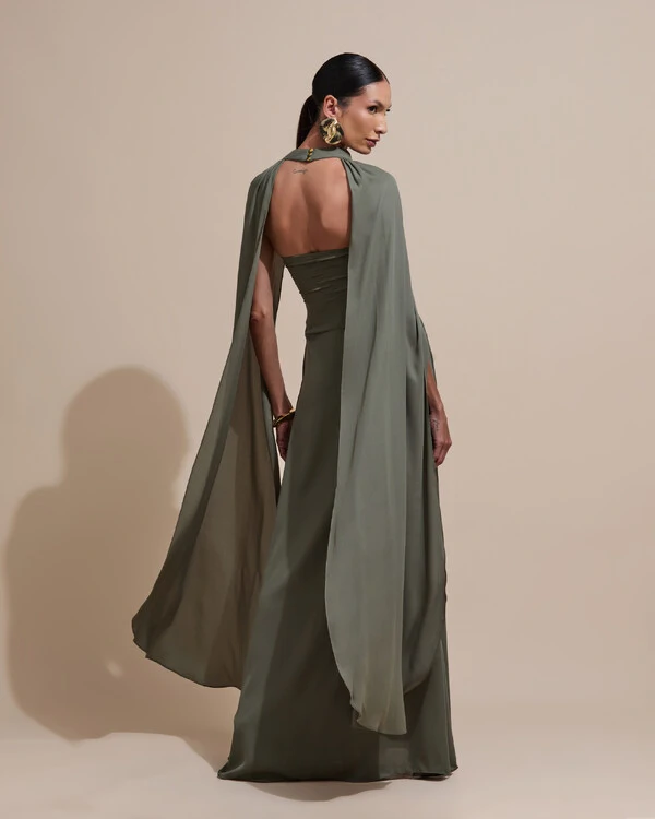 Vestido de Festa Longo Tomara Que Caia Crepe Chiffon Drapeado Capa Verde Oliva