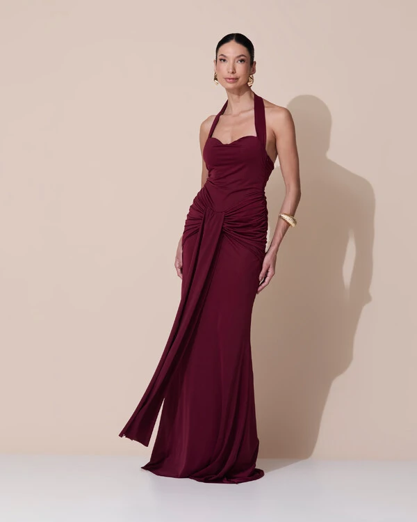 Vestido de Festa Longo Decote Coração Malha Jersey Drapeado Costas Trançada Marsala Escuro