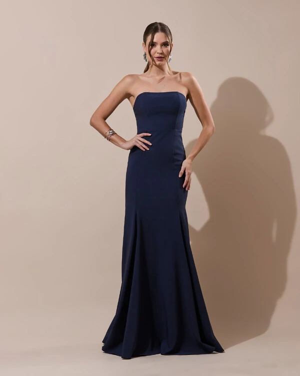 Vestido de Festa Longo Alfaiataria Tomara que Caia Saia Sereia Azul Marinho Escuro