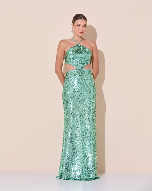 Vestido de Festa Longo Frente Única Paetê Recortes Costas Trançada Verde Menta