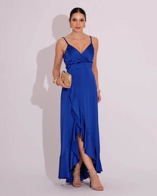 Vestido Midi Babado Acetinado Azul Royal