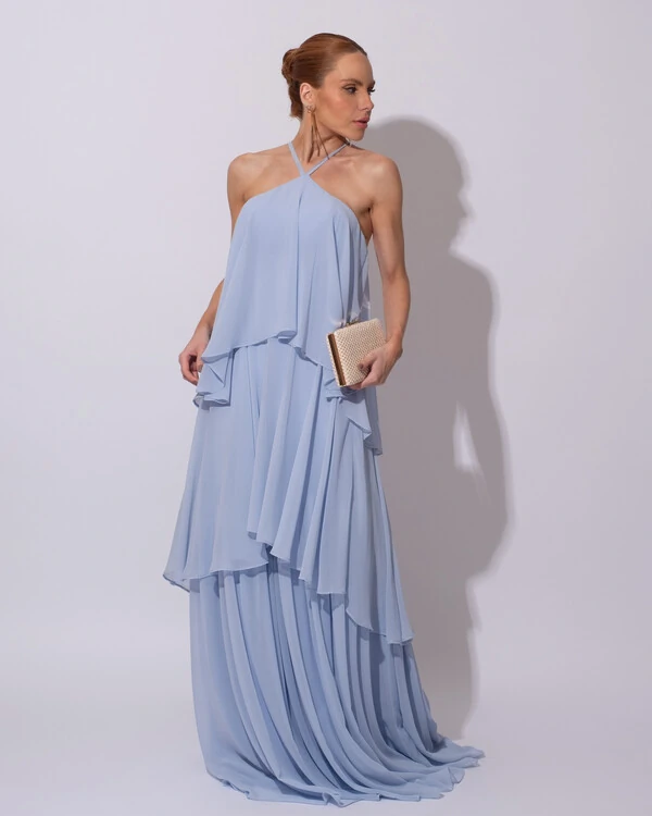 Vestido Longo Crepe Chiffon Babado em Camadas Serenity