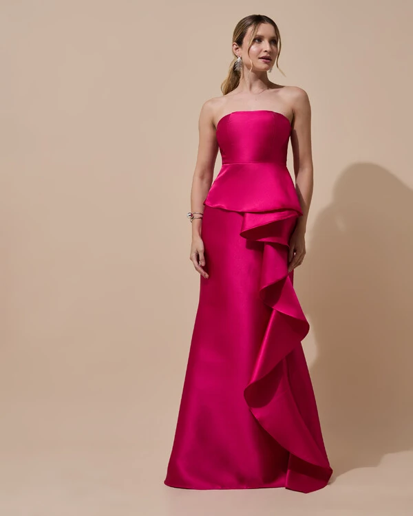 Vestido de Festa Longo Tomara que Caia Babado Cascata Pink New