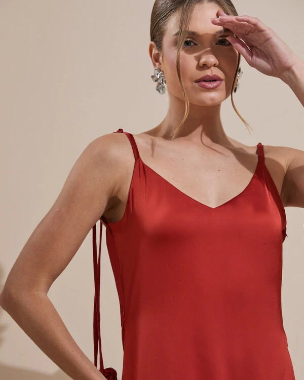 Vestido de Festa Longo Decote Degagê Costas Cetim Flores 3D Alças Terracota