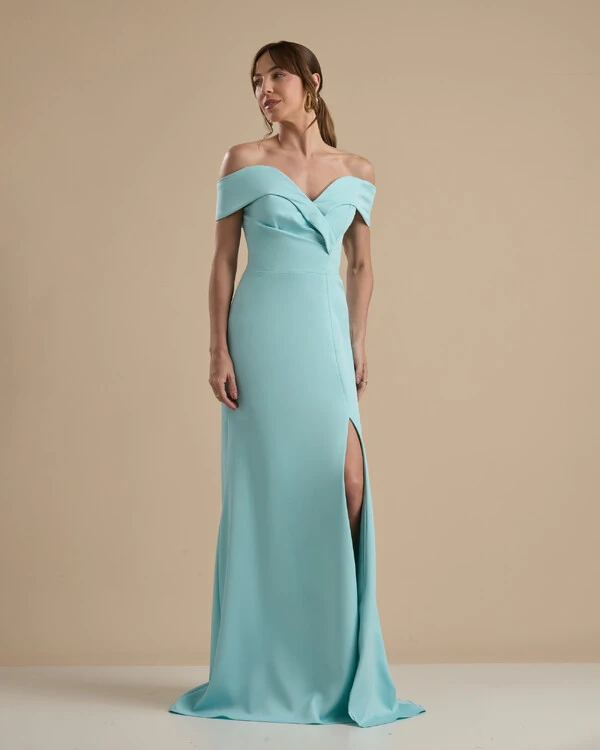 Vestido de Festa Longo Alfaiataria Ombro a Ombro com Fenda Tiffany