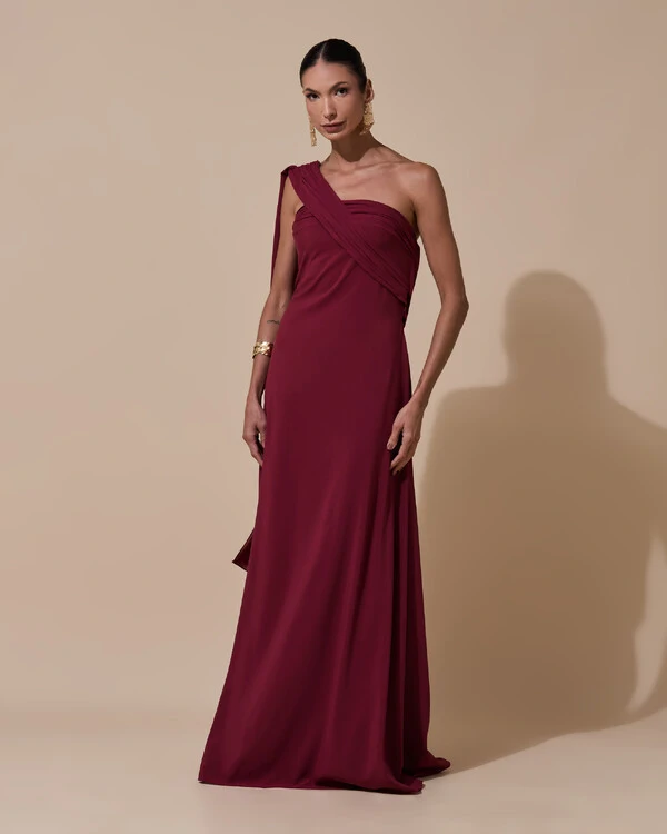 Vestido de Festa Longo Tomara que Caia Crepe Chiffon Lenço Drapeado Costas Trançada Marsala New