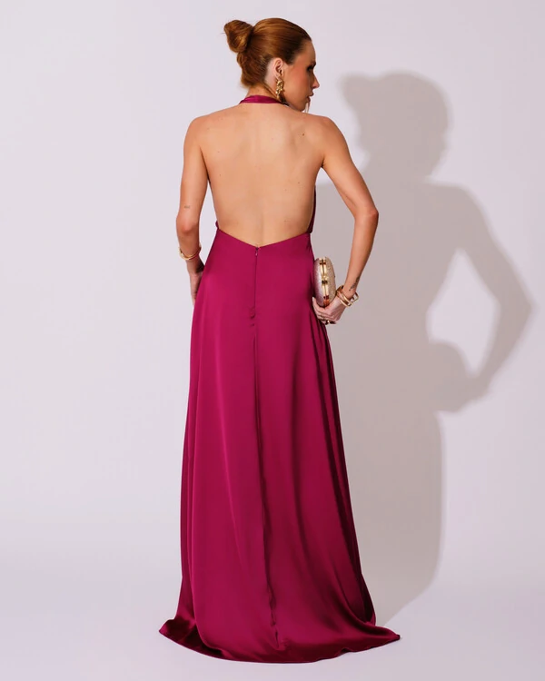 Vestido de Festa Longo Frente Única Degagê Cetim Fluido Cereja