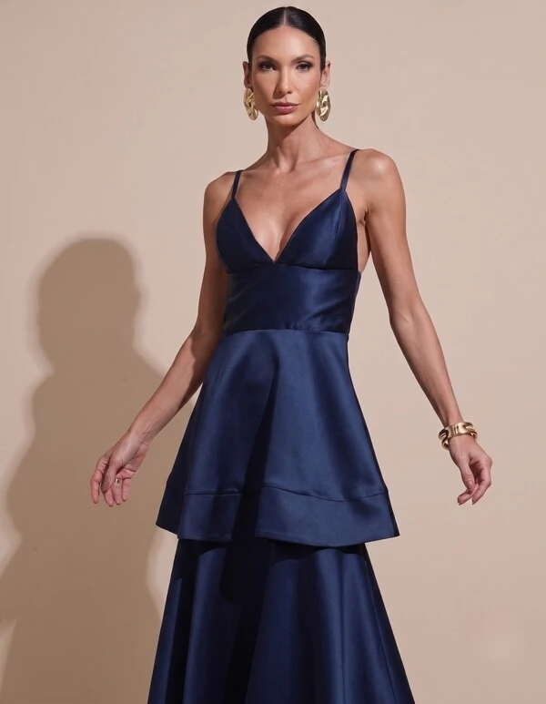 Vestido de Festa Longo Zibeline em Camadas Decote em V com Alças Azul Marinho