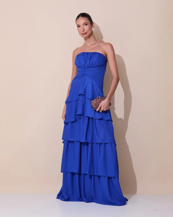 Vestido de Festa Longo Tomara que Caia Drapeado Crepe Chiffon Babados Camadas Azul Royal
