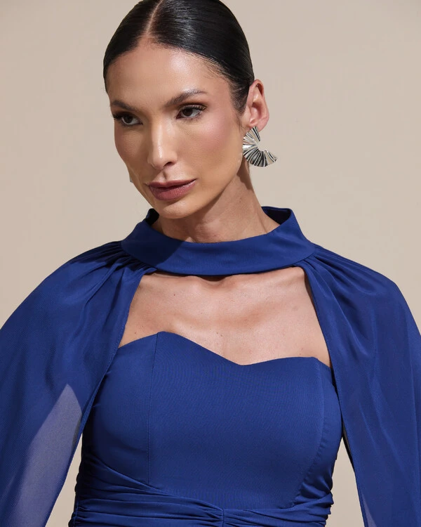 Vestido de Festa Longo Tomara Que Caia Crepe Chiffon Drapeado Capa Azul Marinho