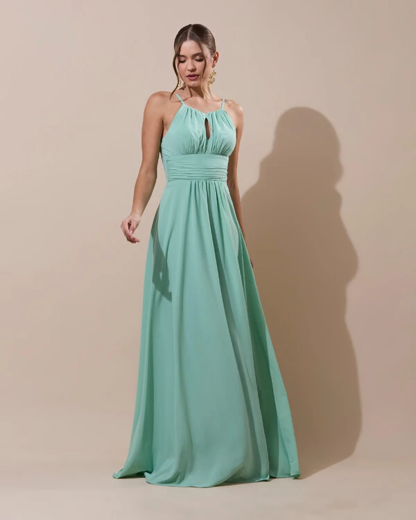 Vestido de Festa Longo Crepe Chiffon Drapeado com Alças e Saia Fluida Verde Menta