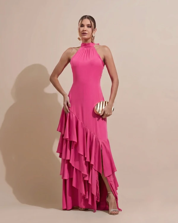 Vestido de Festa Longo Chiffon Crepe Gola Alta Babados Pink New