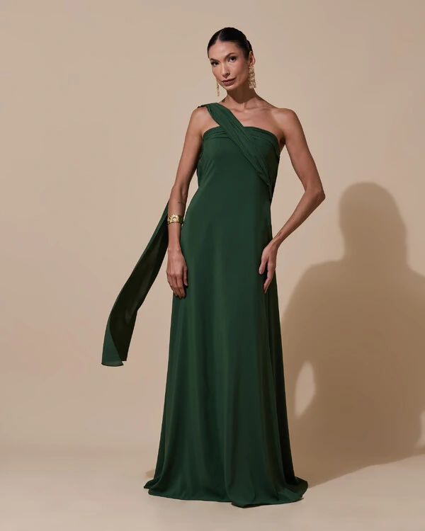 Vestido de festa Longo Tomara que Caia Crepe Chiffon Drapeado Lenço Verde Militar