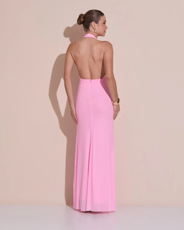 Vestido de Festa Longo Frente Única Decote V Tule Drapeado Faixa Rosa Claro