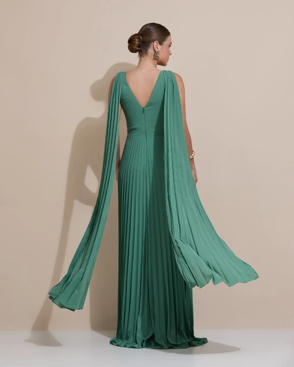Vestido de Festa Longo Crepe Chiffon Plissado com Lenço nas Alças Verde Matcha Escuro