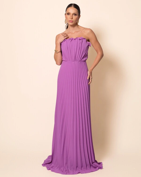 Vestido de Festa Longo Tomara que Caia Plissado Detalhe Fúcsia