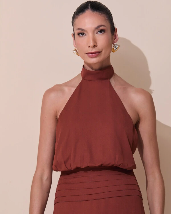 Vestido de Festa Longo Frente Única Busto Blousê Crepe Chiffon Drapeado Marrom New