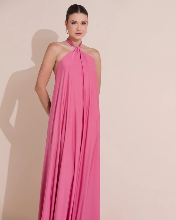 Vestido Longo com Amarração em Malha Rosa