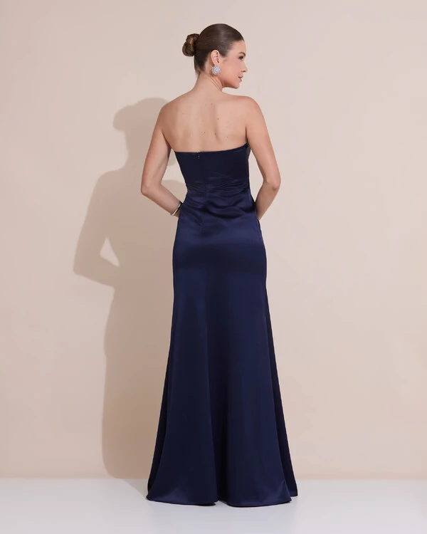 Vestido de Festa Longo Cetim Alfaiataria Tomara que Caia Fenda Azul Marinho