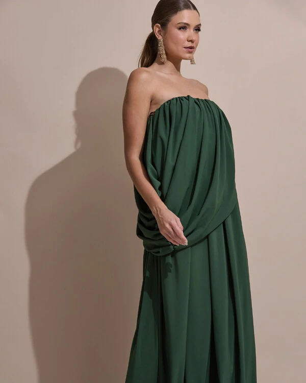 Vestido de Festa Longo Tomara Que Caia Crepe Chiffon Drapeado Verde Militar