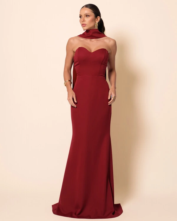 Vestido de Festa Longo Alfaiataria Tomara que Caia Saia Sereia com Lenço Marsala