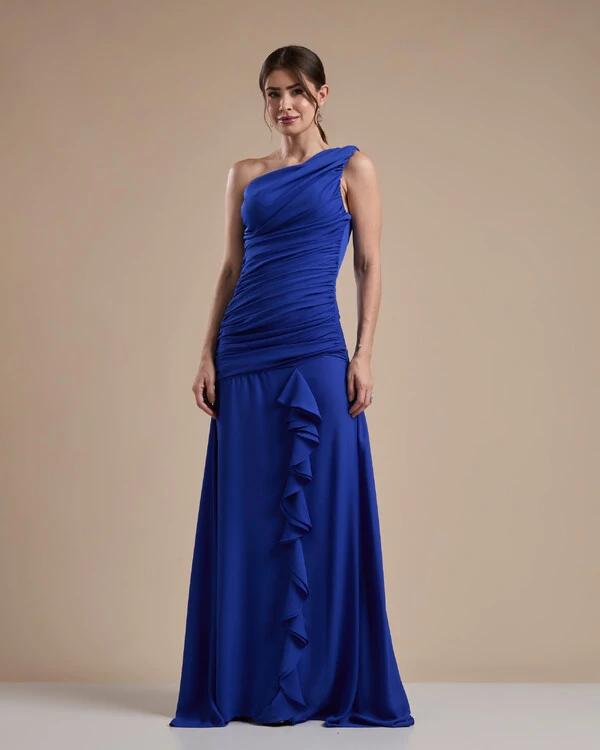 Vestido de Festa Longo Crepe Chiffon Um Ombro Só Drapeado com Babado Cascata Azul Royal