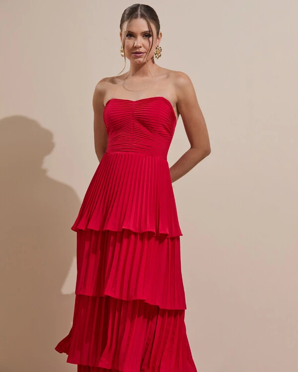 Vestido de Festa Longo Tomara que Caia Crepe Chiffon Plissado Camadas Vermelho