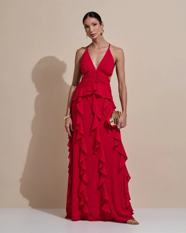 Vestido de Festa Longo Decote V Recortes Drapeado Crepe Chiffon Babados Cascata Vermelho