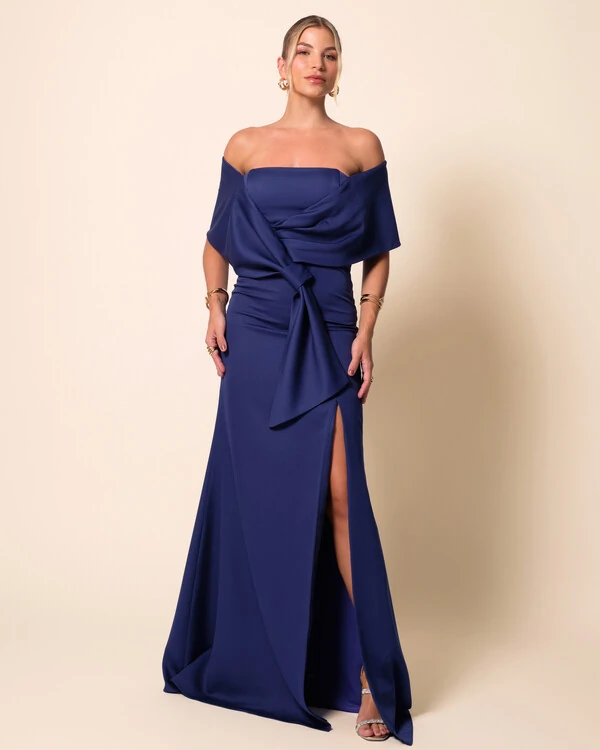 Vestido de Festa Longo Alfaiataria Ombro a Ombro Laço e Fenda Azul Marinho
