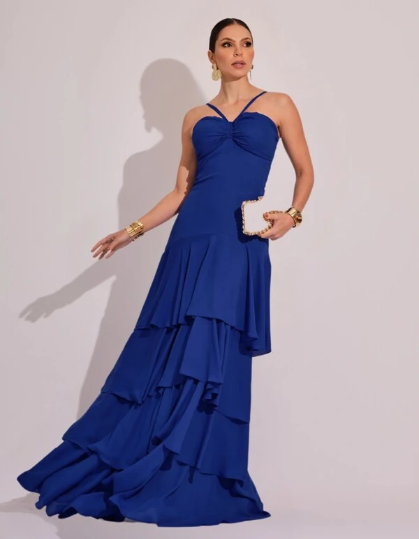 Vestido Longo Crepe com Babado em Camadas Azul Marinho