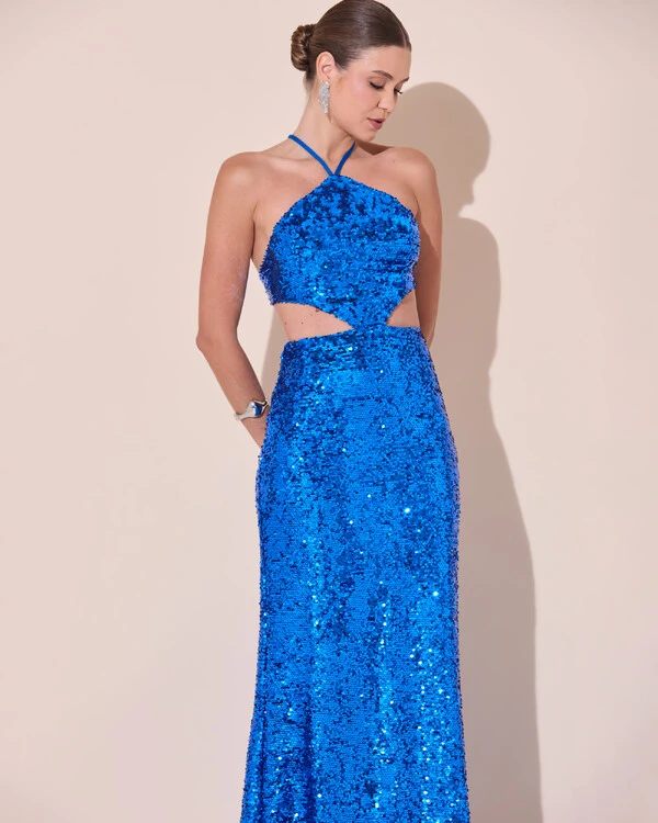 Vestido de Festa Longo Frente Única Paetê Recortes Costas Trançada Azul Royal